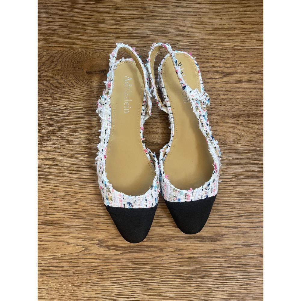 Adrizzlein Slingback Flats Womens 6 White Multi Black Excellent Tweed Cap Toe